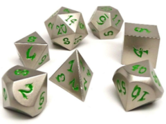 Metal Dice of Ancient Dragons - Ancient Silver with Green Dragon Font